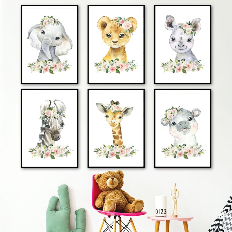 Baby Nursery Pictures - Cetakan Kanvas Hewan Hutan Bunga Dekorasi