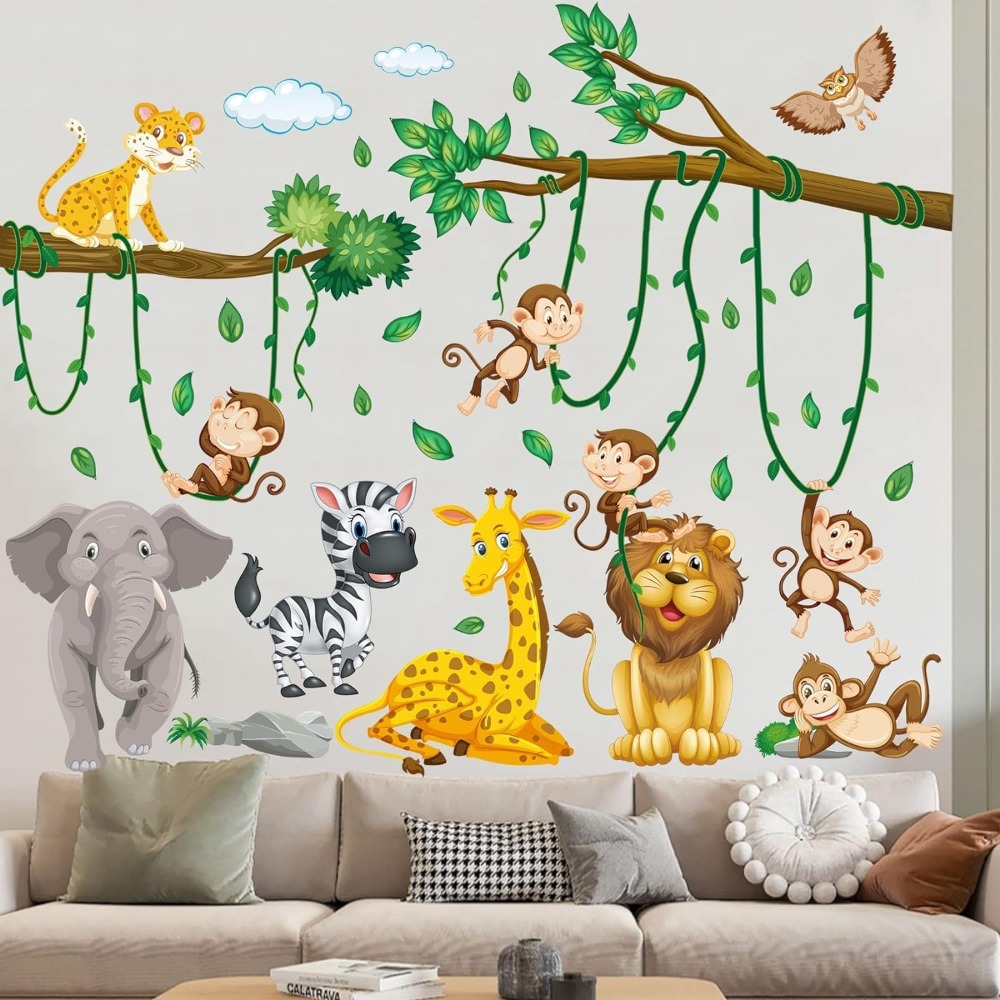 Baby Nursery Decor Boy - Stiker Dinding Tanaman Merambat Hewan Hutan