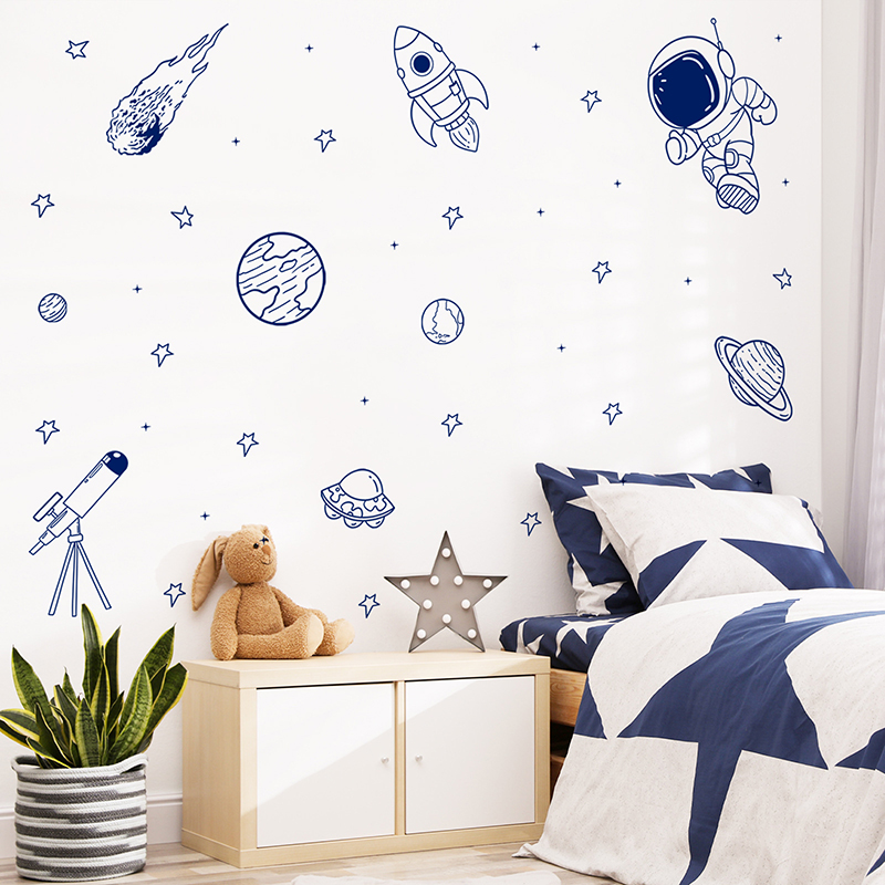 Baby Nursery Decor Boy - Stiker Dinding Roket Planet Astronot Alam