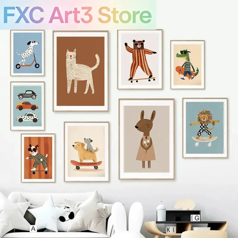 Baby Nursery Pictures - 1 Buah Poster Skateboard Kucing Anjing