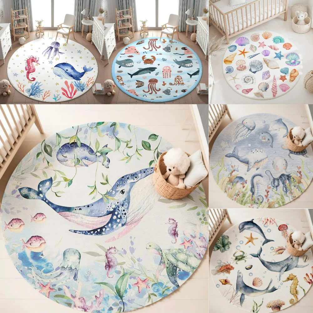 Baby Nursery Sets - Karpet Bulat Motif Hewan Laut Biru