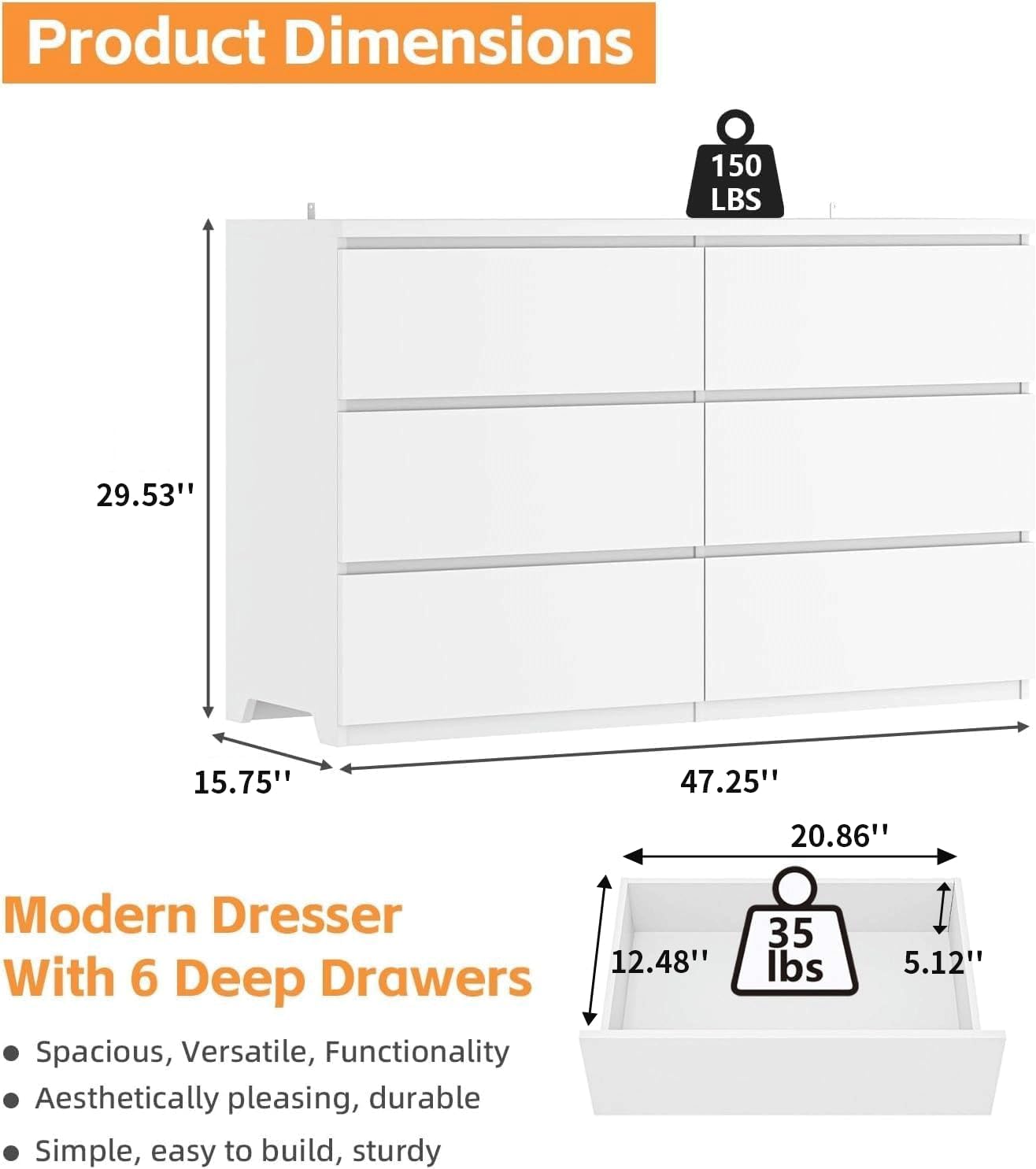 Lemari Laci Kayu Putih 6 Laci  - Drawer Dresser White ulasan dan harga