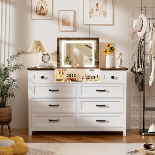 Lemari dengan Cermin LED, 8 La - Drawer Dresser White ulasan dan harga